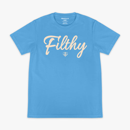 Light blue t-shirt with white 'Filthy' text on a white background