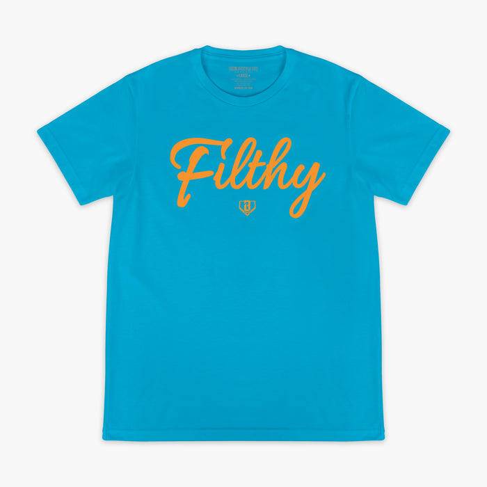 Blue t-shirt with orange text 'Filthy' on chest on a white background
