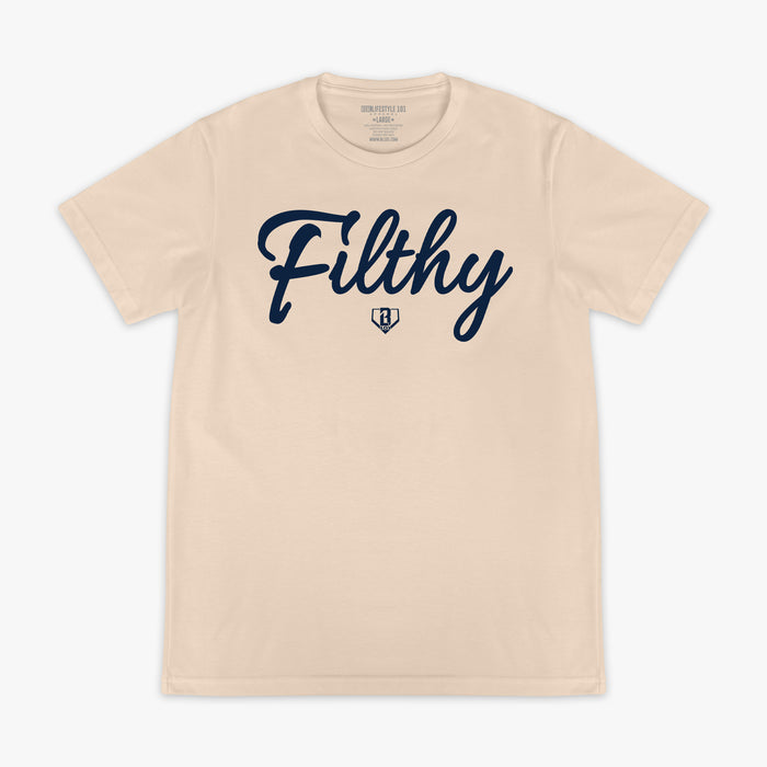Beige t-shirt with 'Filthy' text on a white background