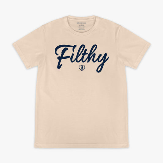 Beige t-shirt with 'Filthy' text on a white background
