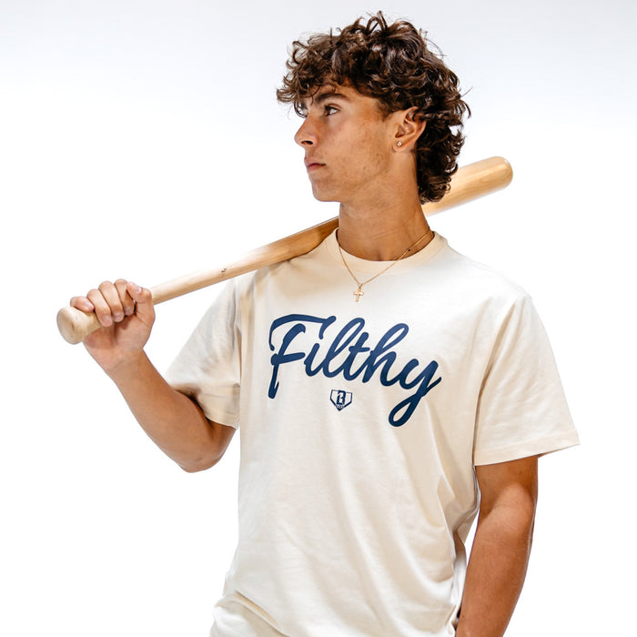 Person wearing a 'Filthy' t-shirt holding a baseball bat on a white background