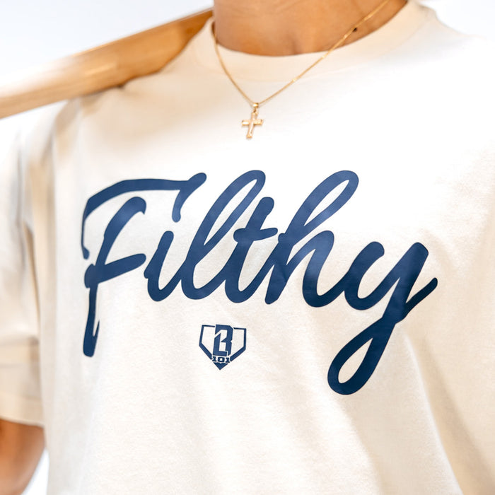 White t-shirt with blue 'Filthy' text and logo on a white background