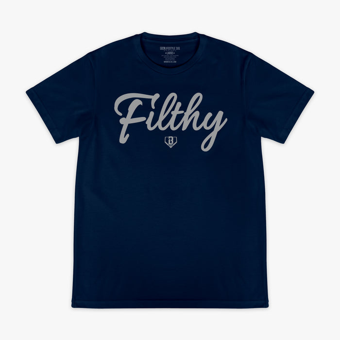 Navy blue t-shirt with 'Filthy' printed in grey on a white background