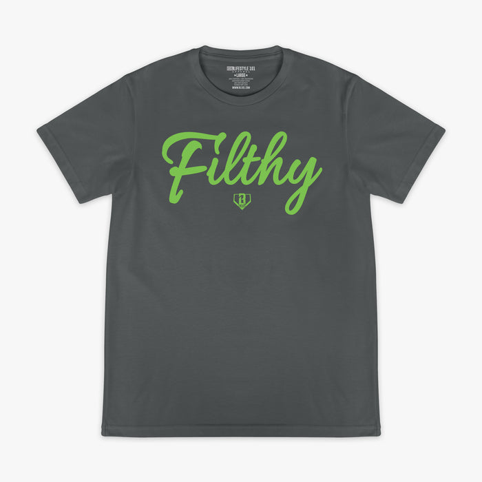 Gray t-shirt with green 'Filthy' text on a white background
