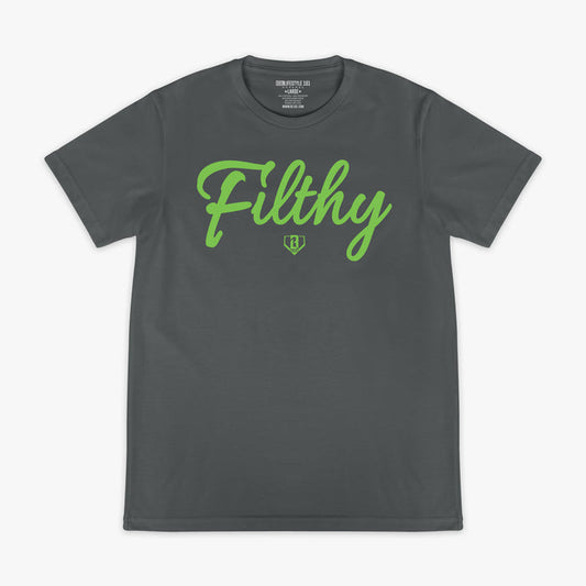 Gray t-shirt with green 'Filthy' text on a white background