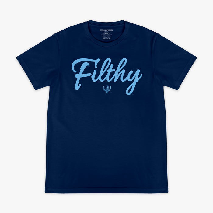 Navy blue t-shirt with 'Filthy' printed in light blue on a white background