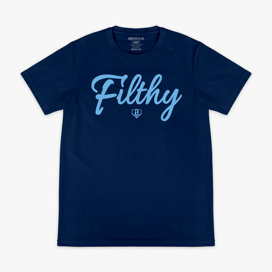 Navy blue t-shirt with 'Filthy' printed in light blue on a white background