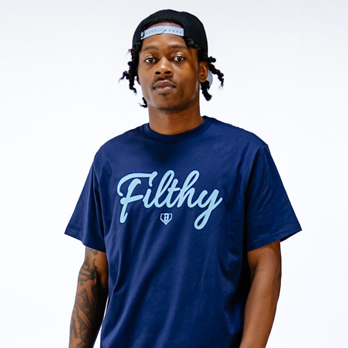 Person wearing a blue 'Filthy' t-shirt on a white background
