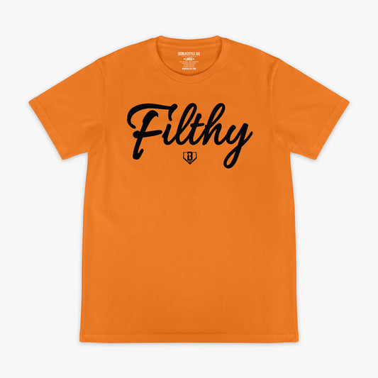 Orange t-shirt with 'Filthy' text on