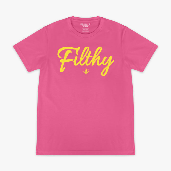 Pink t-shirt with yellow text 'Filthy' on a white background