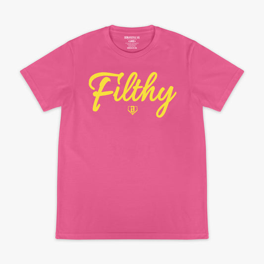 Pink t-shirt with yellow text 'Filthy' on a white background