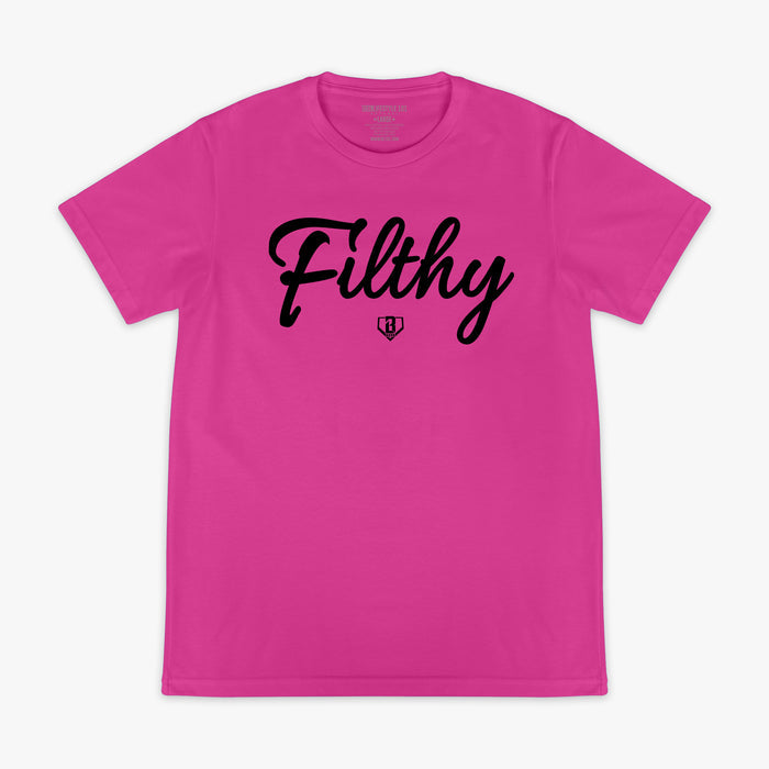 Pink t-shirt with black 'Filthy' text on chest on a white background