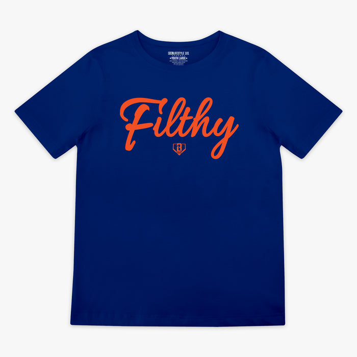 Blue t-shirt with orange 'Filthy' printed in red on a white background