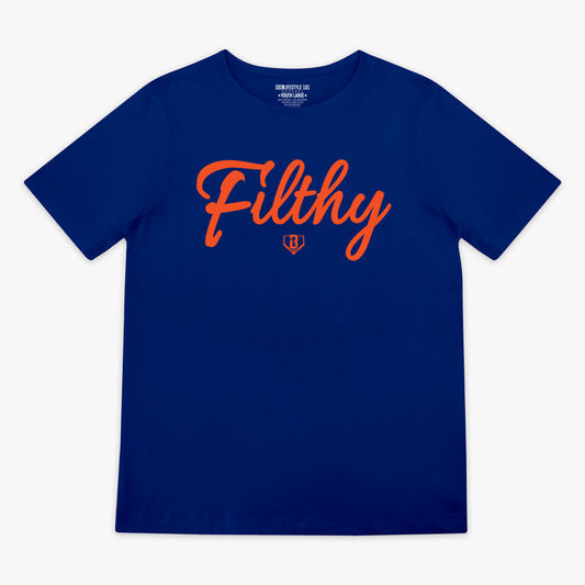 Blue t-shirt with orange 'Filthy' printed in red on a white background