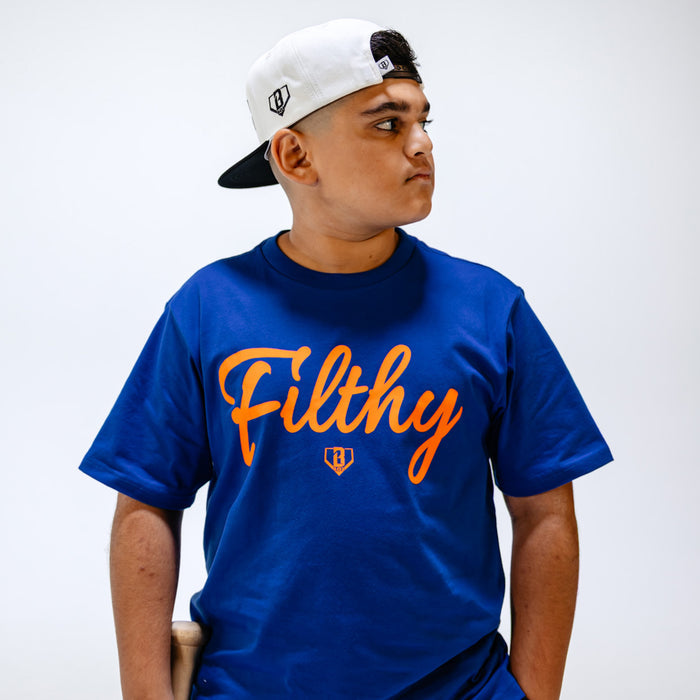 Person wearing a blue t-shirt with 'Filthy' printed in orange