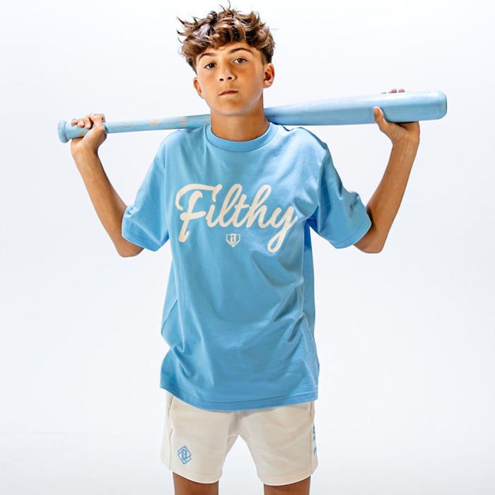 Person wearing a light blue t-shirt with white 'Filthy' text, holding a light blue baseball bat against a white background.