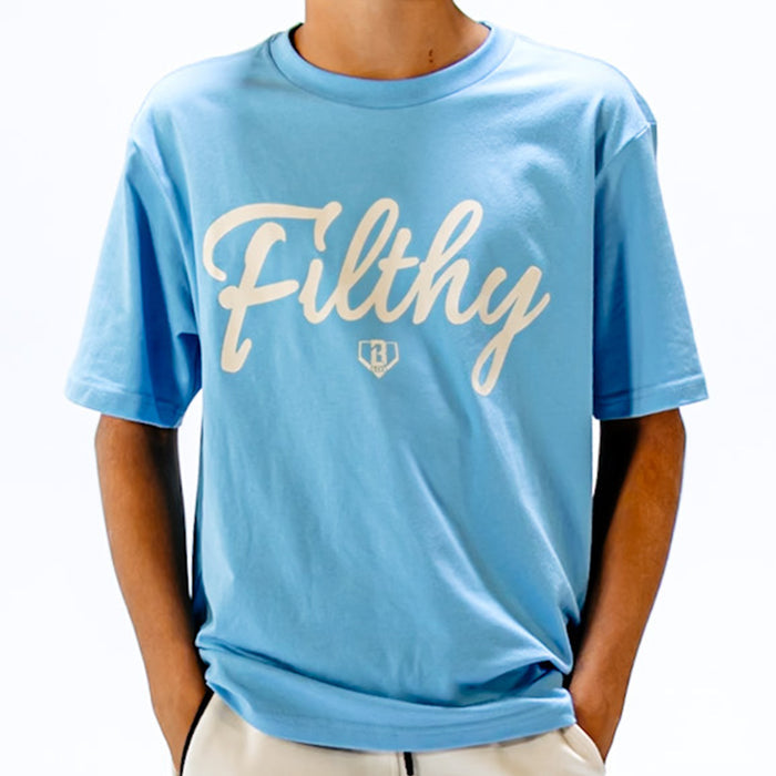 Light blue t-shirt with white 'Filthy' printed on it worn by a person.