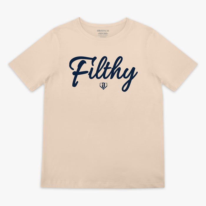 Beige t-shirt with dark blue 'Filthy' text on a white background