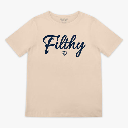 Beige t-shirt with dark blue 'Filthy' text on a white background