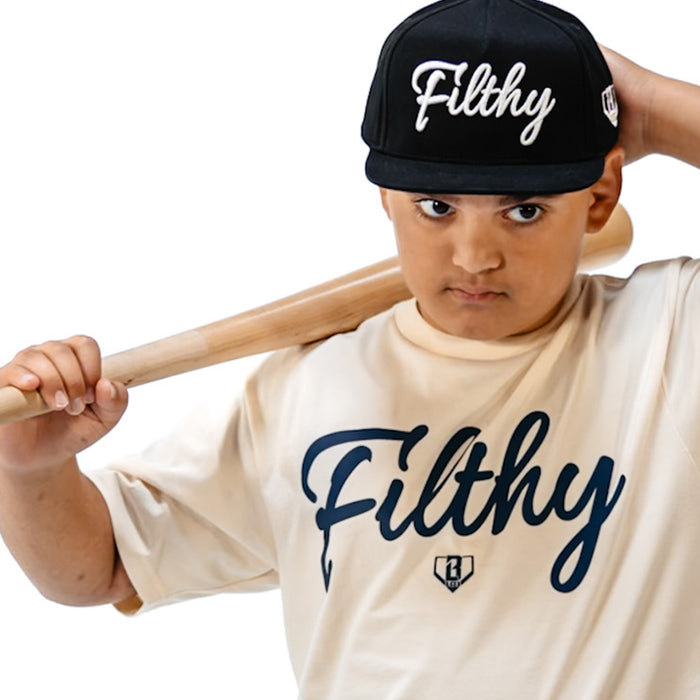 Person wearing a 'Filthy' cap and t-shirt with dark blue 'Filthy' text and a baseball bat on a white background