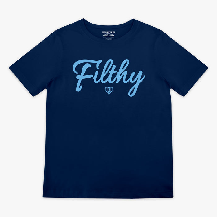 Navy blue t-shirt with 'Filthy' printed in light blue on a white background