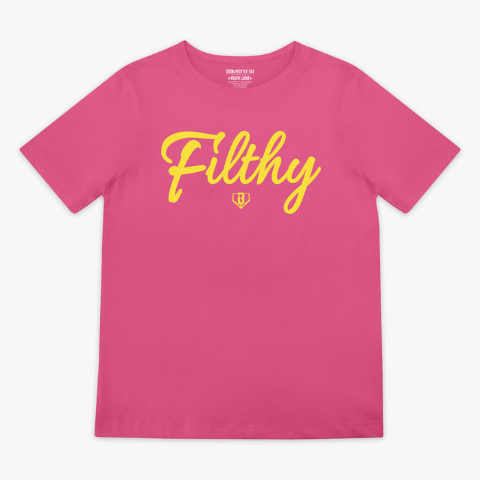 Pink t-shirt with yellow text 'Filthy' on a white background