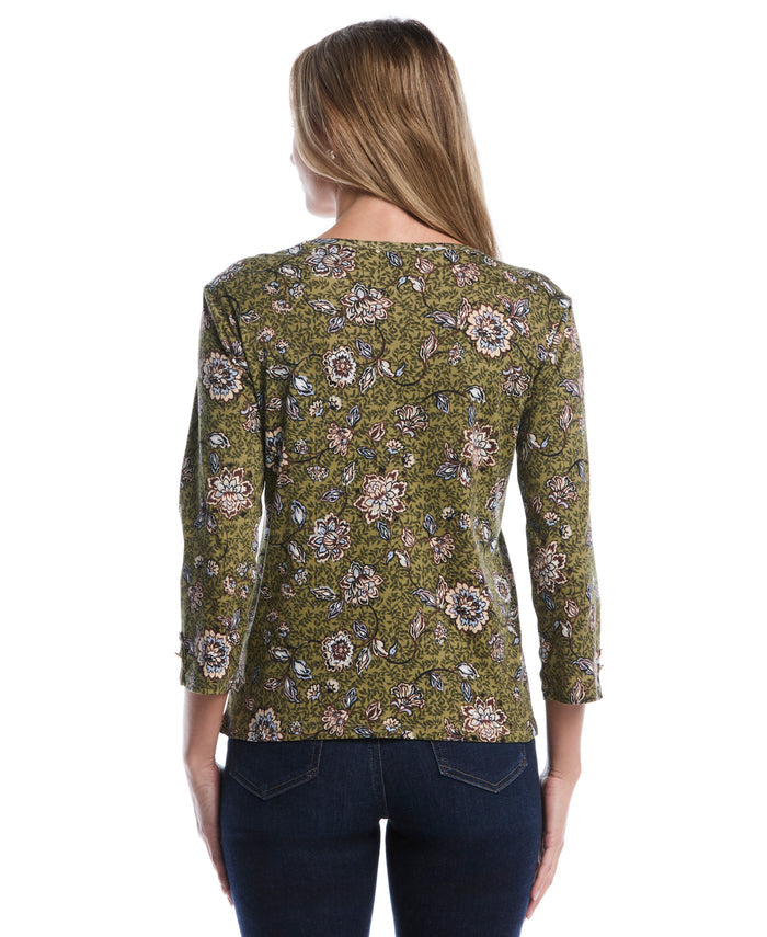 Petite Floral Print Button Trim Top (Dried Herb)