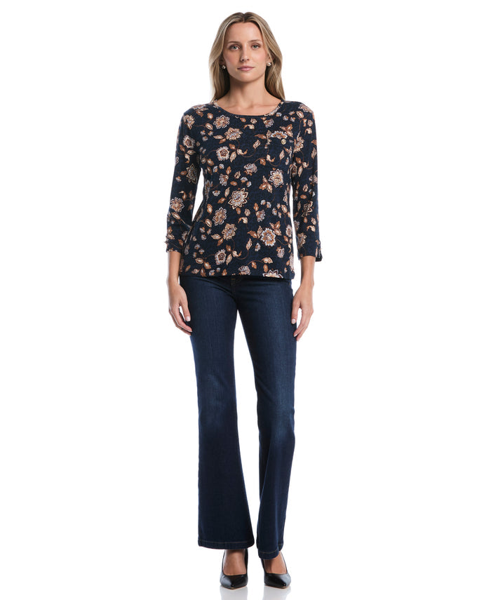 Petite Floral Print Button Trim Top (Blue Blizzard)