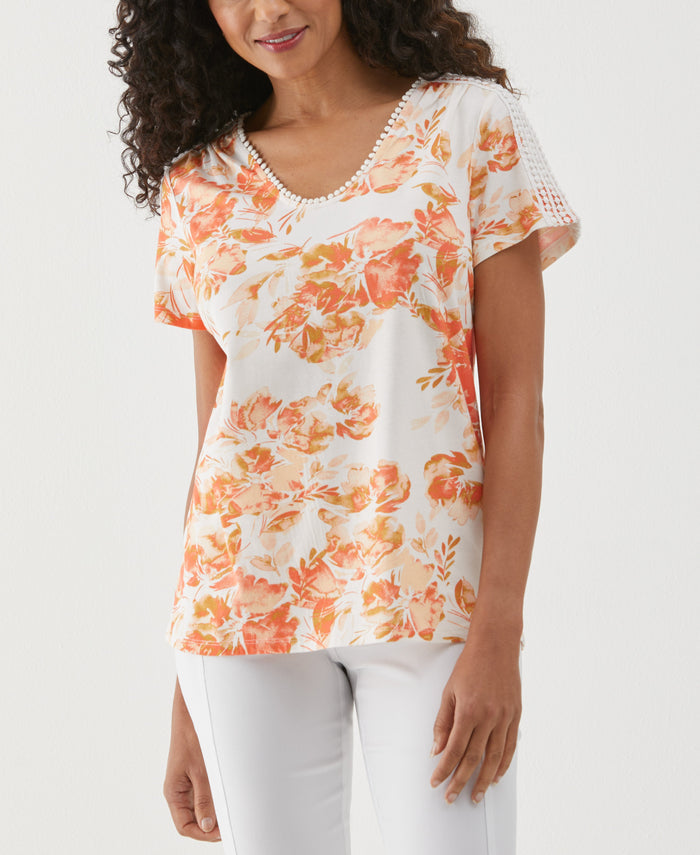 Floral Print Dot Trim Tee (Coral)