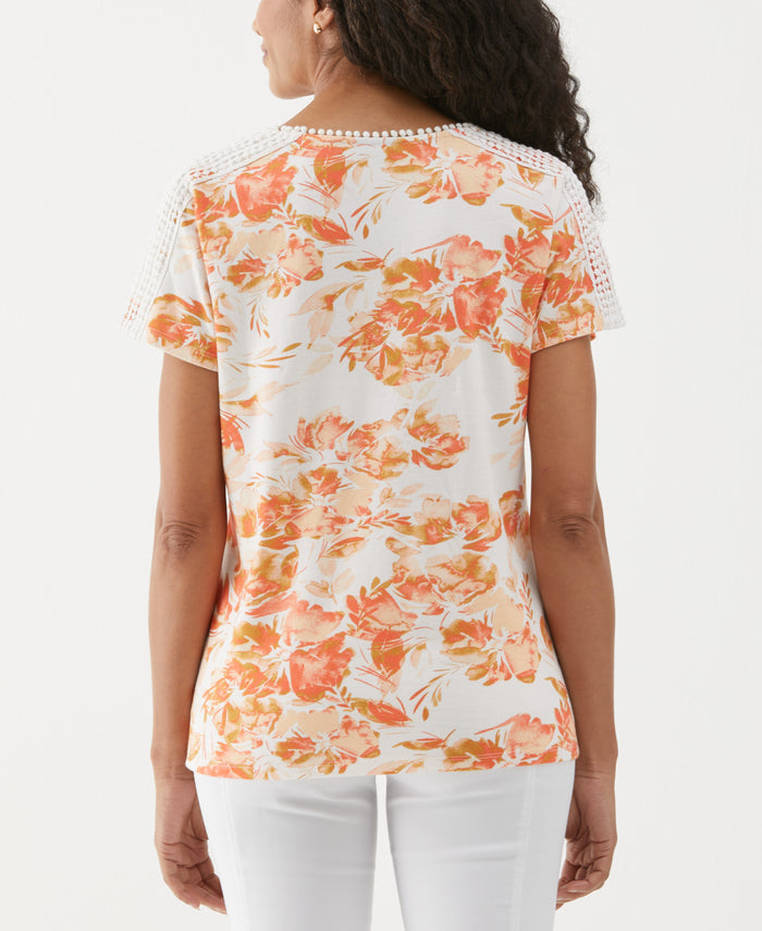 Floral Print Dot Trim Tee (Coral)