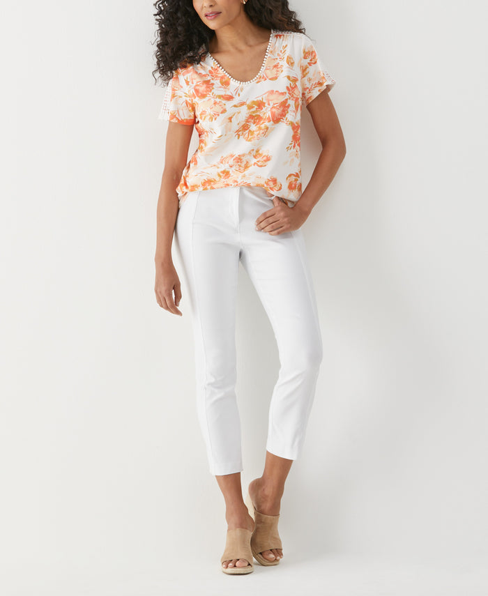 Floral Print Dot Trim Tee (Coral)