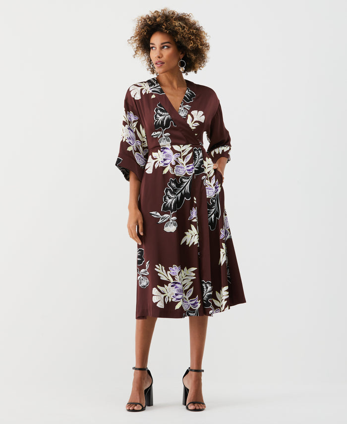 Floral Print Faux Wrap Midi Dress (Decadent Chocolate)