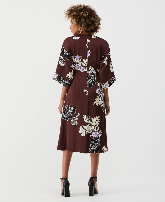Floral Print Faux Wrap Midi Dress (Decadent Chocolate)