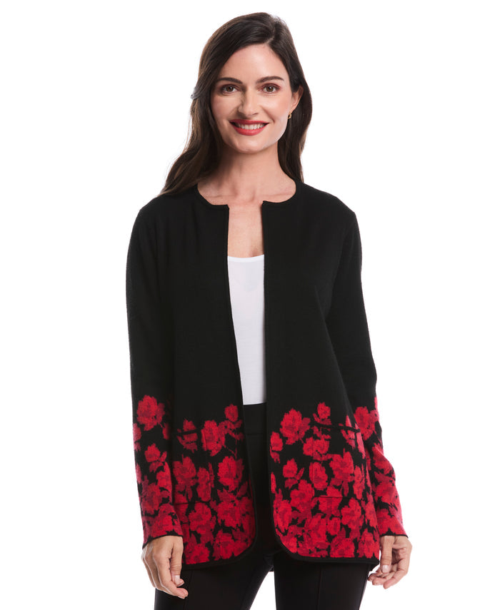 Floral Print Patch Pocket Open Cardigan (Black)