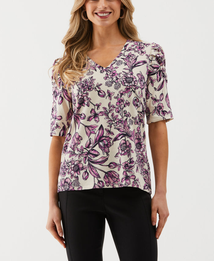 Floral Print Puff Elbow Sleeve Top (White Swan)