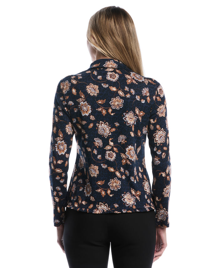Petite Floral Print Ruffle Trim Button-Up Top (Blue Blizzard)