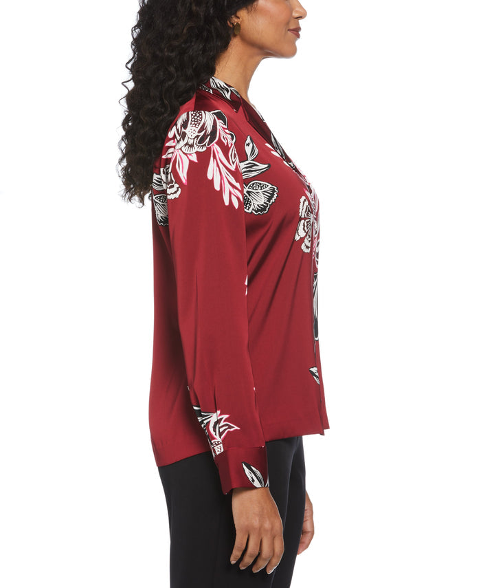 Floral Print Shine Satin Blouse (Rhubarb)