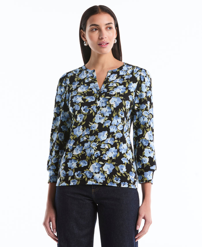 Floral Print Shirred Top (Black)