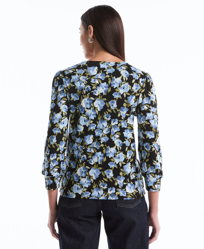 Floral Print Shirred Top (Black)