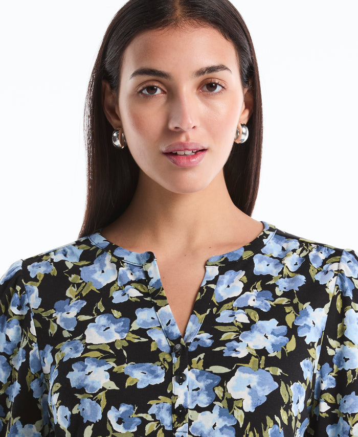 Floral Print Shirred Top (Black)