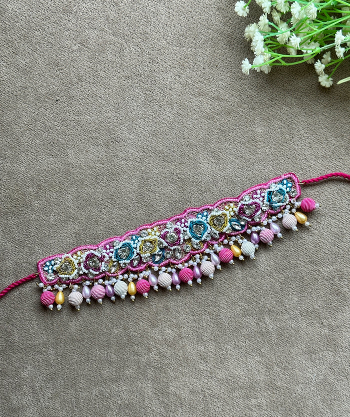 Fuchsia Pink Beaded Bridal Jewellery Set – Necklace, Earrings, Tikka & Hathphool