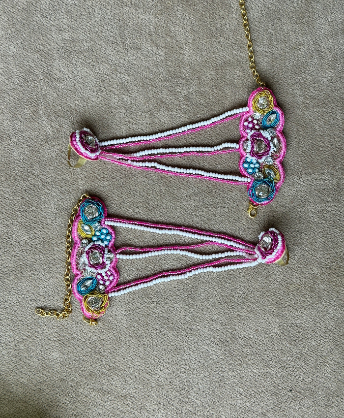 Fuchsia Pink Beaded Bridal Jewellery Set – Necklace, Earrings, Tikka & Hathphool