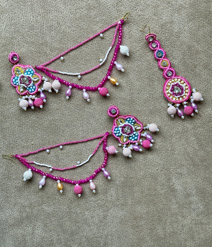 Fuchsia Pink Beaded Bridal Jewellery Set – Necklace, Earrings, Tikka & Hathphool