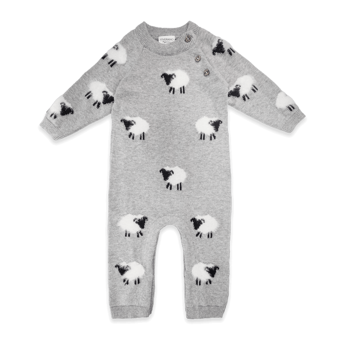 Viverano Organics baby jumpsuit in gray with sheep pattern made from soft organic cotton wear