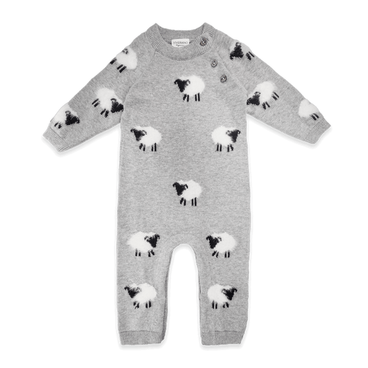 Viverano Organics baby jumpsuit in gray with sheep pattern made from soft organic cotton wear