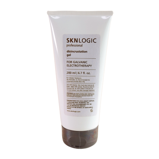 SKN035 Professional SKNLOGIC Galvanic Disincrustation Gel 200ml | A white squeeze tube of SKNLOGIC Professional Disincrustation Gel for galvanic electrotherapy, featuring a white label with brown text and a dark brown translucent cap, set against a plain white background.