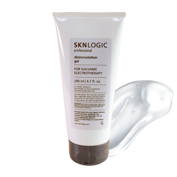 SKN035 Professional SKNLOGIC Galvanic Disincrustation Gel 200ml | A white squeeze tube of SKNLOGIC Professional Disincrustation Gel for galvanic electrotherapy, featuring a white label with brown text and a dark brown translucent cap, with a clear gel swatch in right hand corner set against a plain white background.