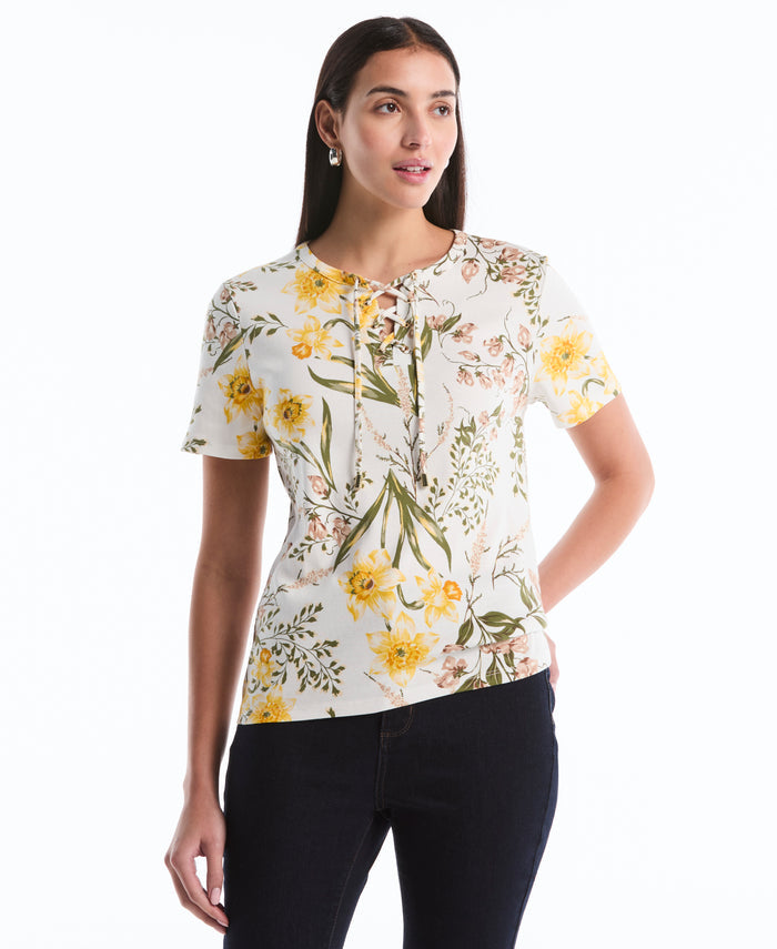 Garden Print Lace-Up Top (Star White)