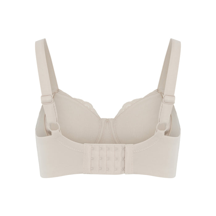 Glacie non-wired pocketed mastectomy bra in beige, back view showing the cotton wrapped band and hook and eye closure, JulieMay Lingerie