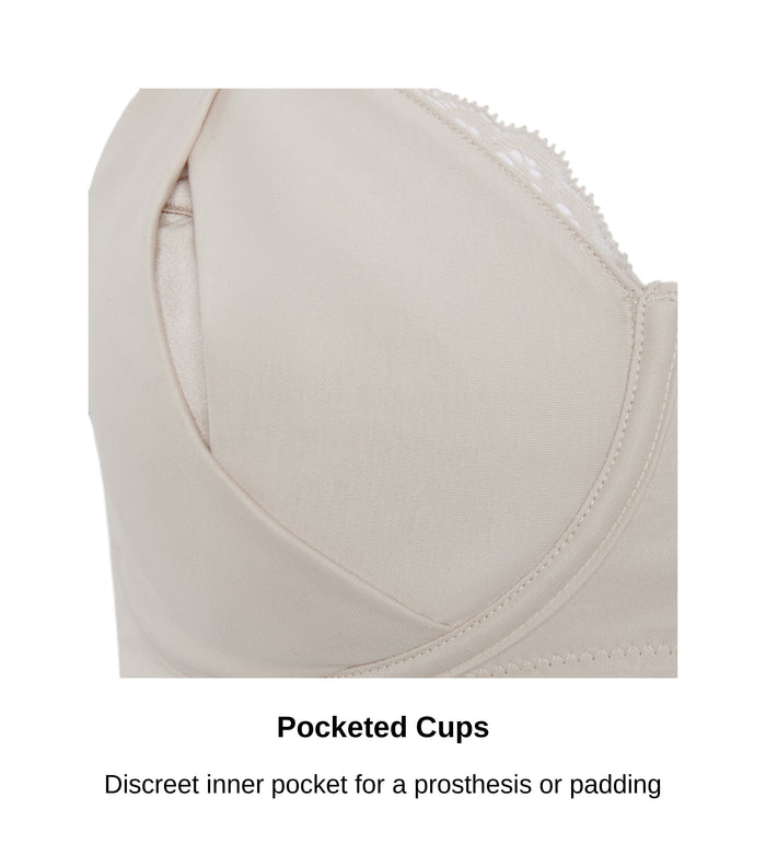 Close-up of the discreet prosthesis pocket opening inside the cup of the Glacie non-wired mastectomy bra, JulieMay Lingerie